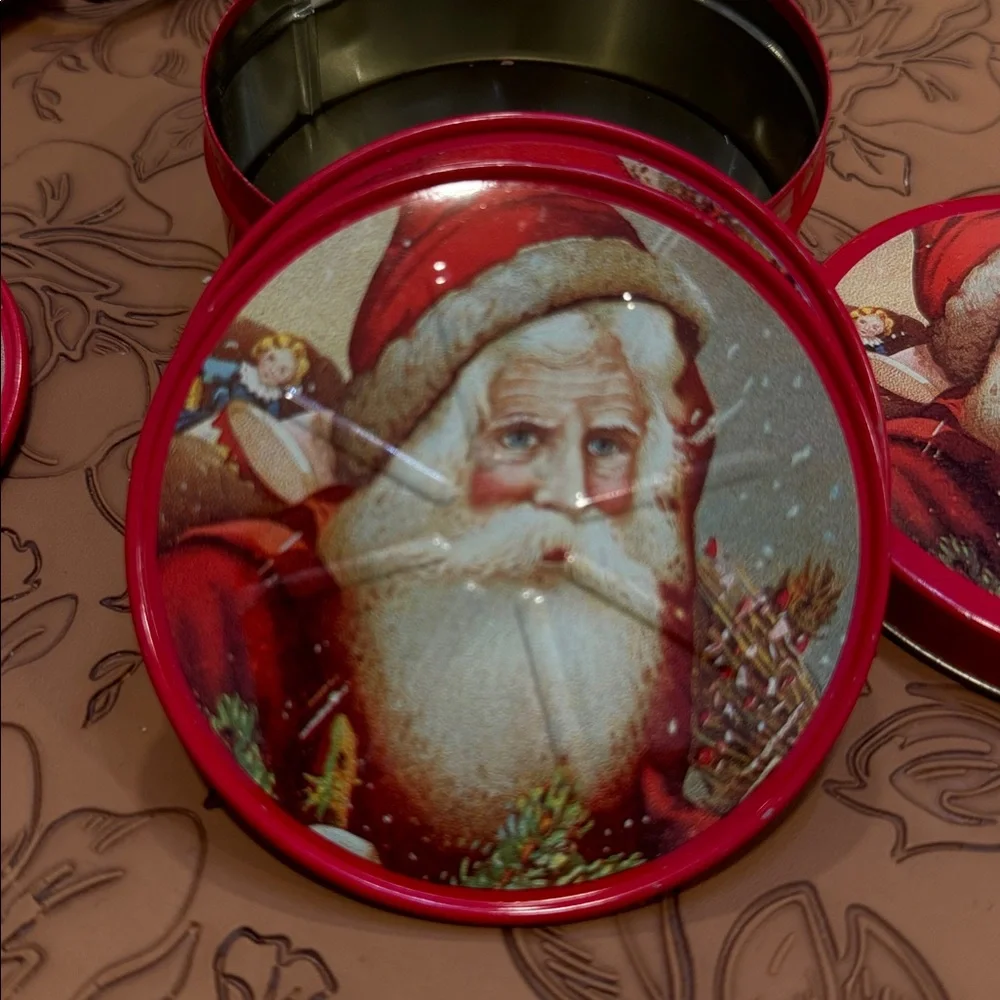 Vtg Tin Santa Claus Coasters, Christmas Lidded 5/ Container ~Holiday Round 3.5”